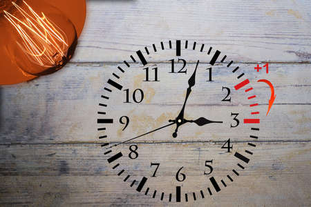 Daylight Saving Time. DST. Wall Clock going to winter time. Turn time forward. Abstract photo of changing time at spring.の写真素材