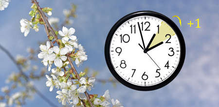 Daylight Saving Time. DST. Wall Clock going to winter time. Turn time forward. Abstract photo of changing time at spring.の写真素材