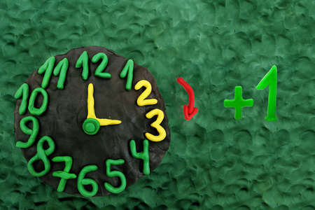 Daylight Saving Time. DST. Wall Clock going to winter time. Turn time forward. Abstract photo of changing time at spring.の写真素材