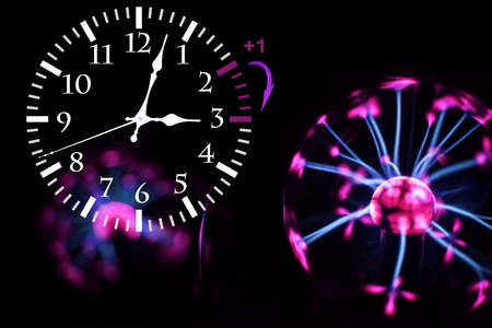 Daylight Saving Time. DST. Wall Clock going to winter time. Turn time forward. Abstract photo of changing time at spring.の写真素材