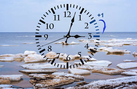 Daylight Saving Time. DST. Wall Clock going to winter time. Turn time forward. Abstract photo of...