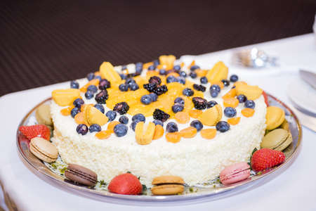 Curd cake with berries. Macro photo. Wedding food photoの写真素材