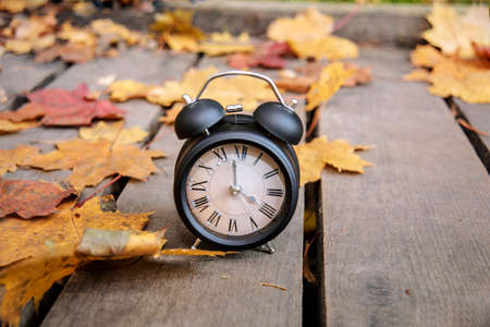 Vintage black alarm clock on autumn leaves. Time change abstract photo. Daylight saving time.