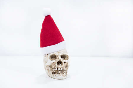 Small human skull with Christmas hat on it.の写真素材