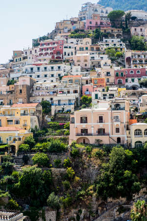 Panorama of Positano with houses climbing up the hill, Campania, Italyの写真素材