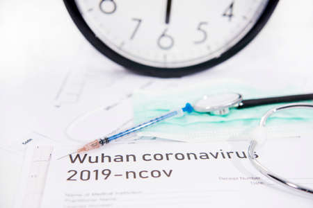 Medicine documents with stethoscope on it. Abstract photo of illness time.の写真素材