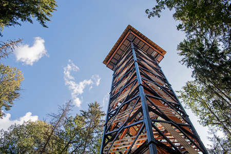 Tall wooden & metal lookout tower in forest. Sunny summer day.の写真素材