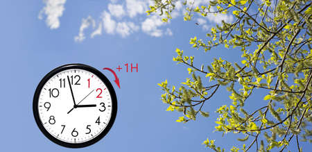Daylight Saving Time (DST). Blue sky with white clouds and clock. Turn time forward (+1h).