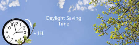 Daylight Saving Time (DST). Blue sky with white clouds and clock. Turn time forward (+1h).