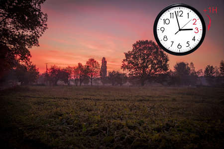 Daylight Saving Time (DST). Blue sky with white clouds and clock. Turn time forward (+1h).