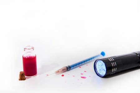 Medicine documents under ultraviolet light. Abstract photo of illness time.