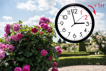 Daylight Saving Time (DST). Blue sky with white clouds and clock. Turn time forward (+1h).の写真素材
