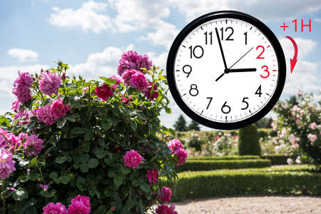 Daylight Saving Time (DST). Blue sky with white clouds and clock. Turn time forward (+1h).