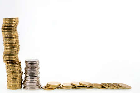 Stack of coins on white background.