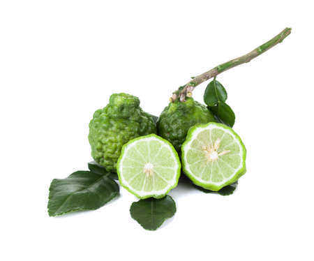 Kaffir lime with leaves on white backgroundの写真素材