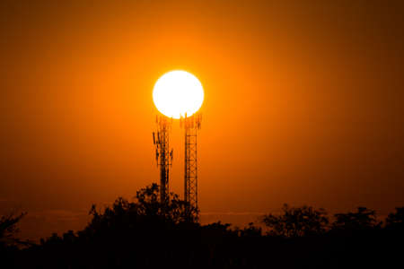 silhouette of high voltage electrical pole structureの写真素材
