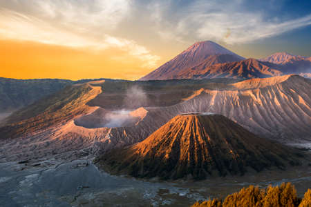 Mount Bromo volcano (Gunung Bromo) during sunrise from viewpoint on Mount Penanjakan, in East Java, Indonesia.の写真素材