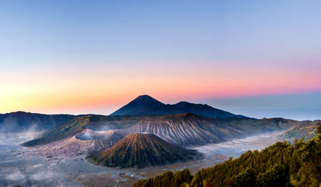 Mount Bromo volcano (Gunung Bromo) during sunrise from viewpoint on Mount Penanjakan, in East Java, Indonesia.の写真素材