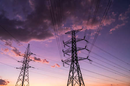 silhouette of high voltage electrical pole structureの写真素材