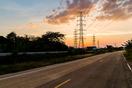 silhouette of high voltage electrical pole structureの写真素材