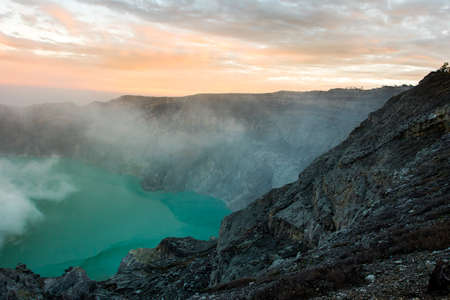 View from Ijen Crater, Sulfur fume at Kawah Ijen, Vocalno in Indenesiaの写真素材