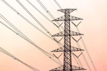 silhouette of high voltage electrical pole structureの写真素材