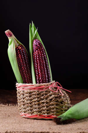 Fresh corn on cobs on rustic wooden table, closeupの写真素材
