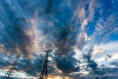 silhouette of high voltage electrical pole structureの写真素材