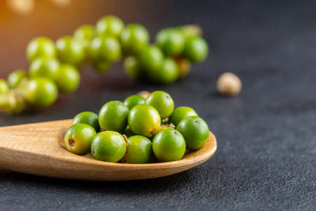 Black pepper spice peppercorn on wooden spoon and dark rustic backgroundの写真素材