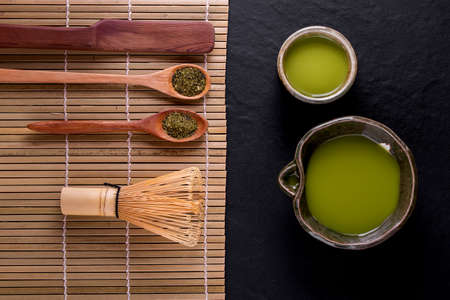 Top view of green tea matcha in a bowl on wooden surface