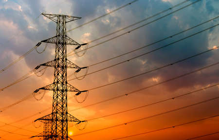 silhouette of high voltage electrical pole structureの写真素材