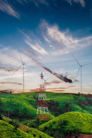 Wind turbines on sunny morningの写真素材
