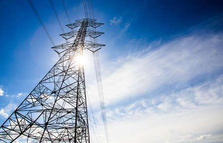 silhouette of high voltage electrical pole structureの写真素材
