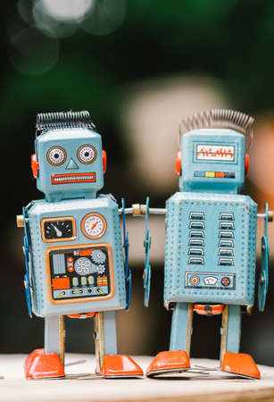 Vintage robot tin toy on backgroundの写真素材