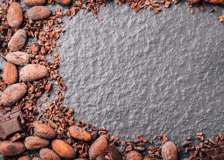 Dark chocolate pieces crushed and cocoa beans, top viewの写真素材