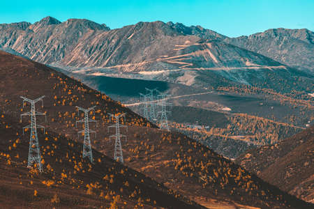 silhouette of high voltage electrical pole structureの写真素材