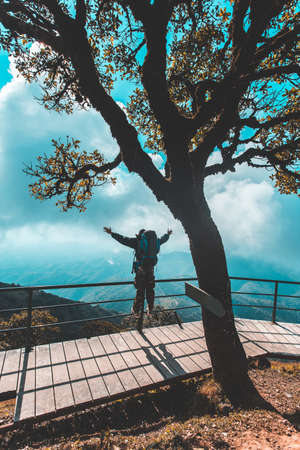 Silhouette of man hold up hands on the peak of mountainの写真素材