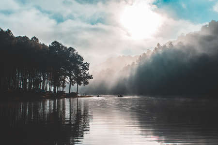 view of pangoung in the morning when a sun rise people wake up and float raft downstreamの写真素材