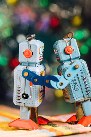 Christmas background with decorations and gift boxes on woodenの写真素材