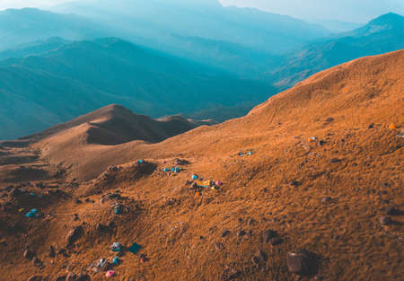 Top View Mulayit Taung golden light of the morning sun and the mist covered on Mount Mulayit,Myanmar