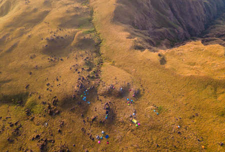 Mulayit Taung golden light of the morning sun and the mist covered on Mount Mulayit,Myanmarの写真素材