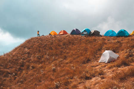tourist tent camping in mountains