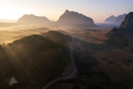 Top view Landscape of Morning Mist with Mountain Layer