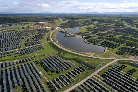 Top view Aerial view of Solar panel, photovoltaic, alternative electricity source
