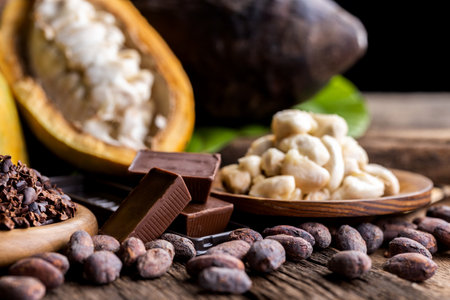 Cocoa beans and cocoa pod on a wooden surface.の写真素材