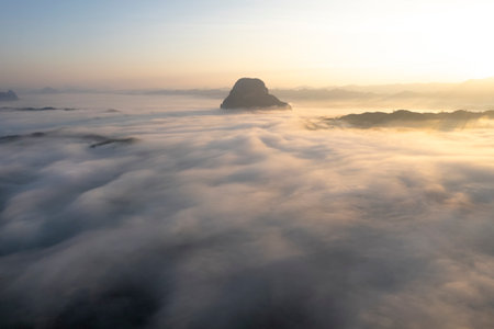 Top view Landscape of Morning Mist with Mountain Layer at Meuang Feuang