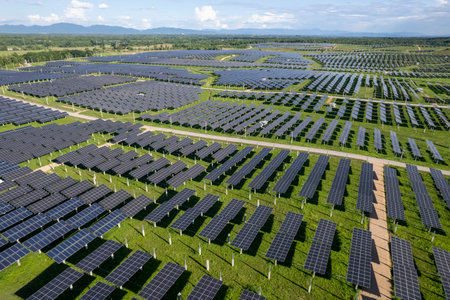 Top view Aerial view of Solar panel, photovoltaic, alternative electricity source
