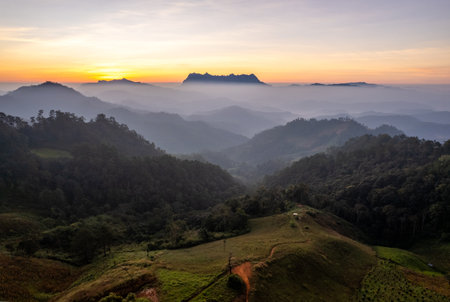 Top view Landscape of Morning Mist with Mountain Layer at Doi Luang Chiang Dao Chiang Mai Thailand.の写真素材