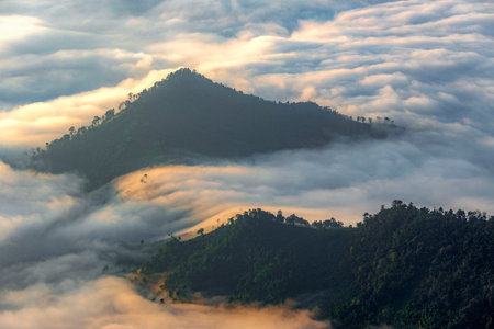 Top view Landscape of Morning Mist with Mountain Layerの写真素材