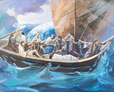 CHIANGMAI, THAILAND - October 31,2016. image of Jesus and his disciple on the boat, in Grace Church Chiangmai, Thailand . Printed from the end of 20 cent. Originally by Korean artistのeditorial素材